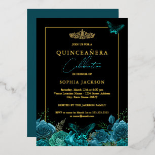 Invitation En Aluminium Élégant Quinceanera Papillon Noir Bleu sarcelle