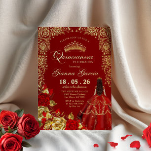 Invitation En Aluminium Élégant Red Gold Floral Quinceanera Party Fhuile d