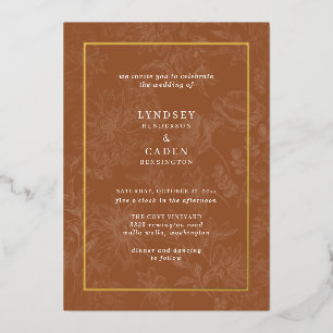 Invitation En Aluminium Élégant Romantique Floral Brûlé Orange Mariage Or