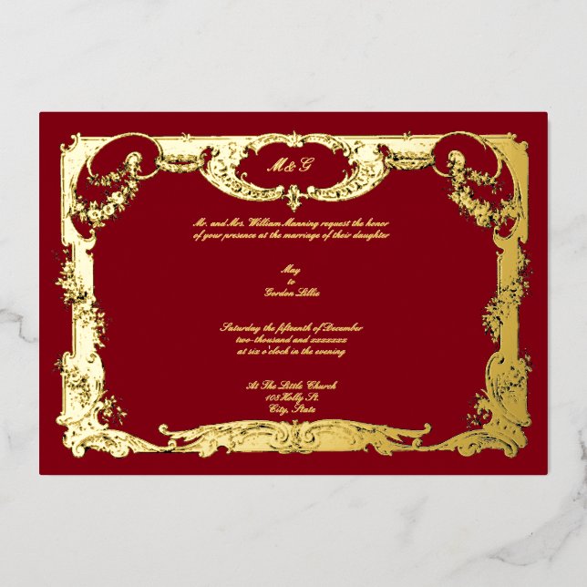 Invitation En Aluminium Elégant Rose baroque Rococo Mariage de frontière f (Recto)
