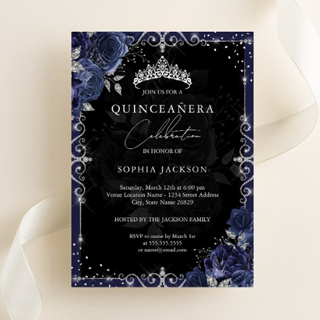 Invitation En Aluminium Elégant Rose de la Marine Argent Quinceanera (Créateur téléchargé)