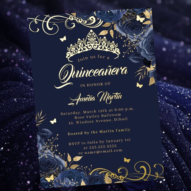 Invitation En Aluminium Elégant Rose de la marine Gold Swirl Quinceanera (Créateur téléchargé)