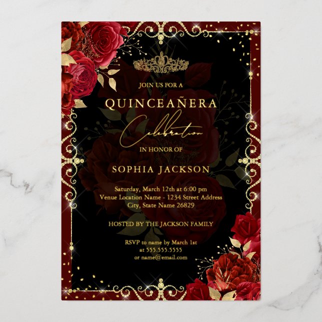 Invitation En Aluminium Élégant Rose en or rouge Quinceanera (Recto)