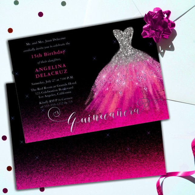 Invitation En Aluminium Elégant rose espagnol Gown Quinceañera - Argent (Créateur téléchargé)