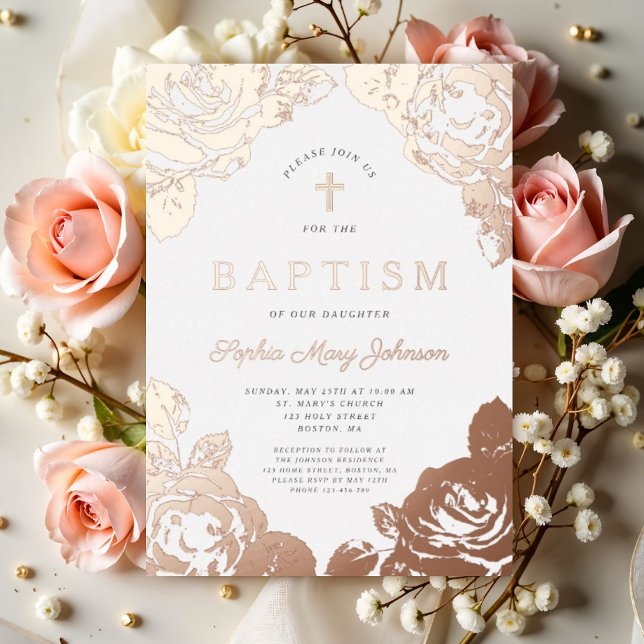 Invitation En Aluminium Élégant Rose Floral Gold Girl Baptism (Elegant Floral Rose Gold Girl Baptism Foil Invitation)