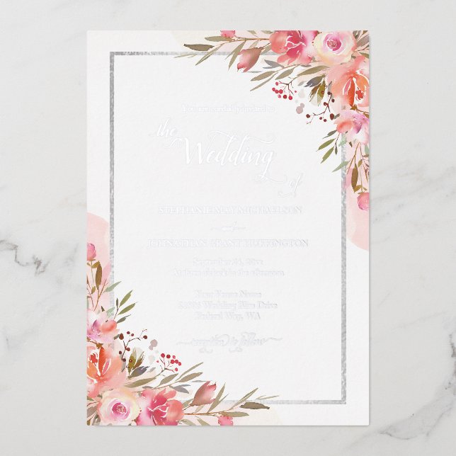 Invitation En Aluminium Elégant rose floral Mariage argent (Recto)