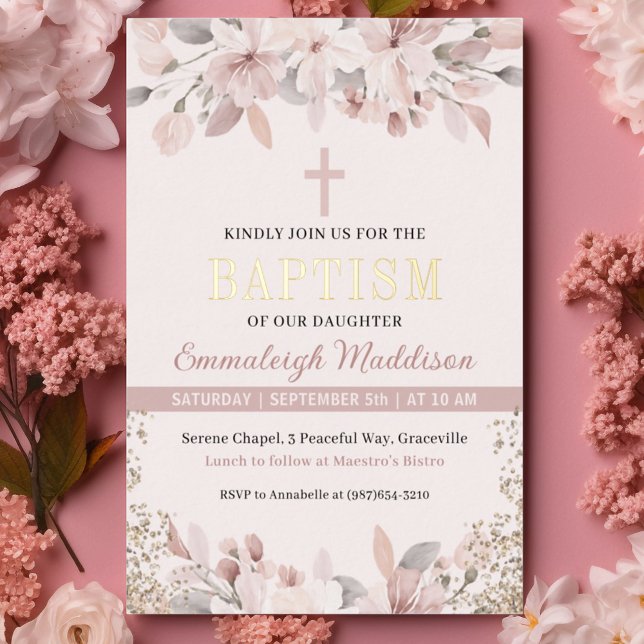 Invitation En Aluminium Élégant rose floral photo Baptême (Créateur téléchargé)