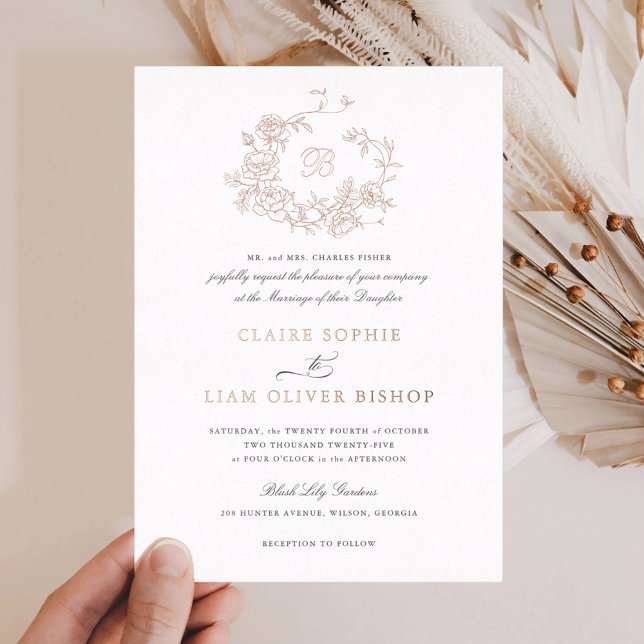 Invitation En Aluminium Élégant Rose Floral Wreath Mariage Monogram Gold (Créateur téléchargé)