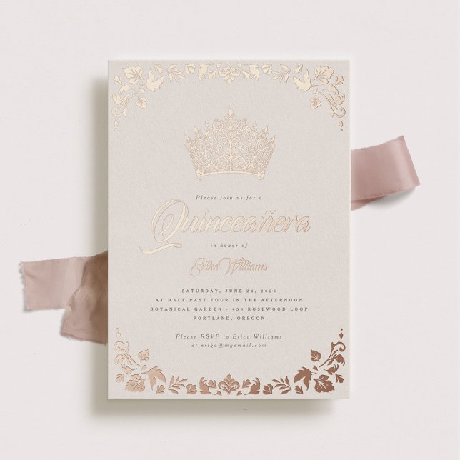 Invitation En Aluminium Elégant Rose Gold Quinceañera Crown (Créateur téléchargé)