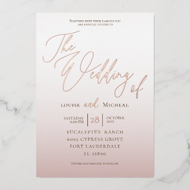 Invitation En Aluminium Élégant Rose Mariage de calligraphie or (Recto)