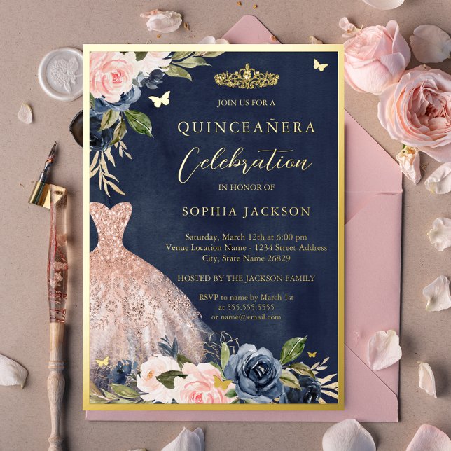 Invitation En Aluminium Elégant rose Marine Floral Tiara robe Quinceanera (Créateur téléchargé)
