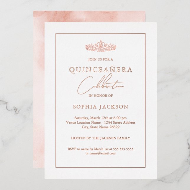 Invitation En Aluminium Elégant Rose or aquarelle Quinceanera Anniversaire (Recto/Verso)
