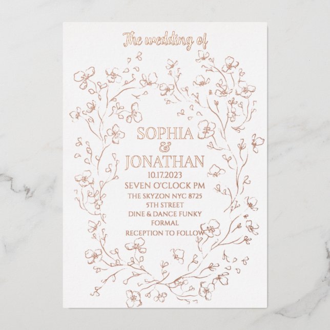 Invitation En Aluminium Élégant rose or feuille mariage (Recto)