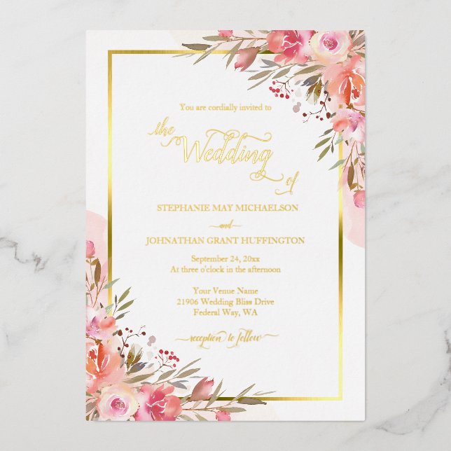 Invitation En Aluminium Elégant rose Peach Floral Aquarelle Mariage Or (Recto)