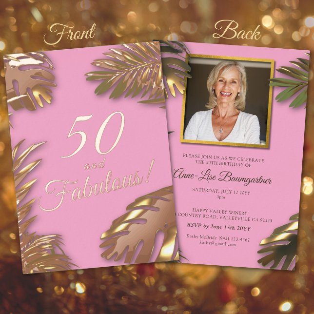 Invitation En Aluminium Elégant rose Photo 50e Fabuleux Anniversaire Or (Créateur téléchargé)