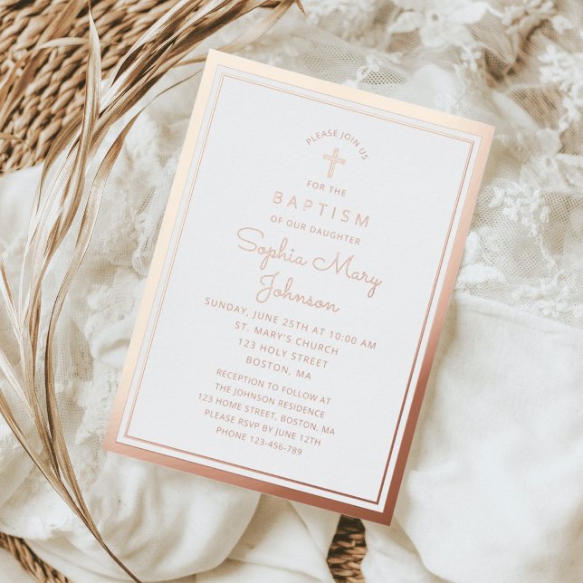 Invitation En Aluminium Élégant Rose religieux Croix d'or Script Baptême (Elegant Religious Rose Gold Cross Script Baptism Foil Invitation)