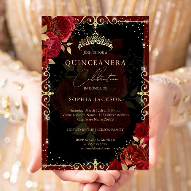 Invitation En Aluminium Élégant Rose Royal Red Gold Quinceanera (Créateur téléchargé)