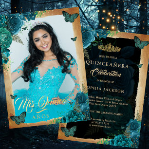 Invitation En Aluminium Elégant Rose Turquoise Gold Floral Photo Quinceane