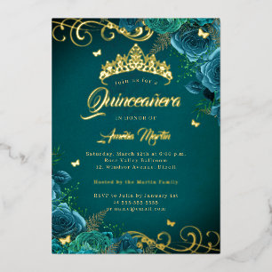 Invitation En Aluminium Elégant Rose Turquoise Swirl Gold Quinceanera