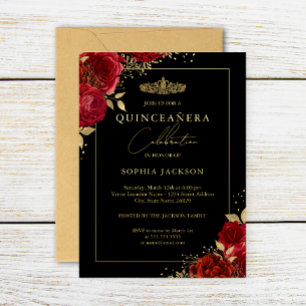 Invitation En Aluminium Elégant Rouge or Floral Tiara Quinceanera