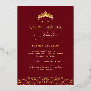 Invitation En Aluminium Elégant Rouge or Tiara Script Quinceanera