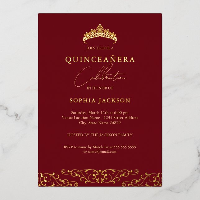 Invitation En Aluminium Elégant Rouge or Tiara Script Quinceanera (Recto)