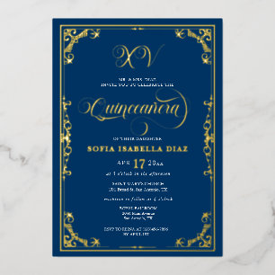 Invitation En Aluminium Elégant Royal Blue Quinceañera or ou argent