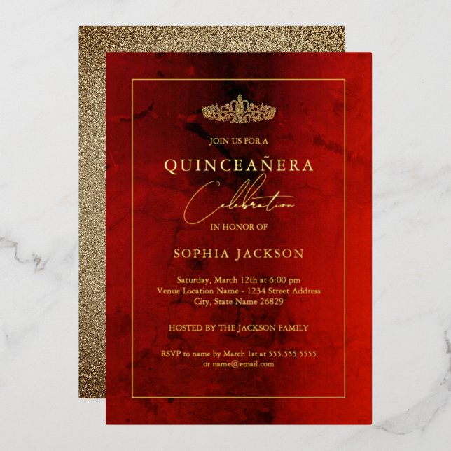 Invitation En Aluminium Elégant Ruby Red Gold Quinceanera 15e (Recto/Verso)