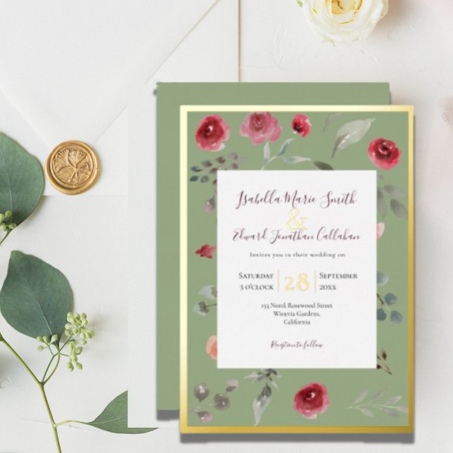Invitation En Aluminium Elégant Sage Green Bourgogne Rose Gold Foil Invita (Créateur téléchargé)