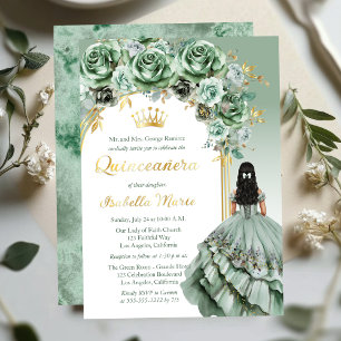 Invitation En Aluminium Elégant Sage Green Rose Floral Quinceañera Party