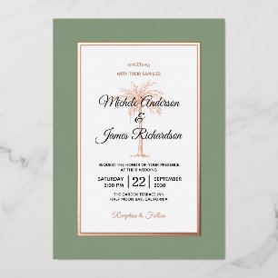 Invitation En Aluminium Elégant Sage Rose Gold Palm Tree Beach Mariage