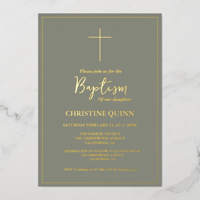 Invitation En Aluminium Élégant Sage Vert & Or Baptême & Christening (Recto)