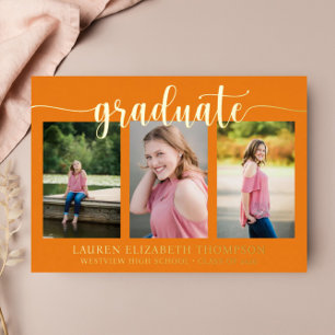 Invitation En Aluminium Élégant Script 3 Photo Orange Graduation Gold Foil