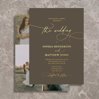 Invitation En Aluminium Élégant Script 4 Photo Mariage Marron