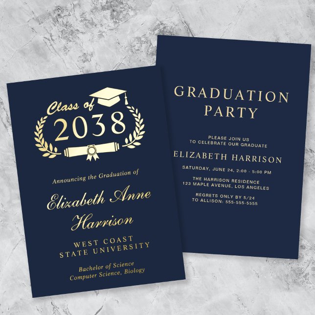 Invitation En Aluminium Élégant Script Blue College Graduation Party (An elegant foil graduation party invitation to celebrate the graduate's achievements)