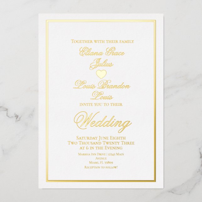 Invitation En Aluminium Élégant Script Bordure Mariage Coeur Pressé (Recto)