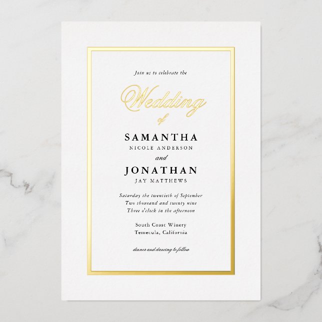 Invitation En Aluminium Élégant Script Classic Minimal Mariage Gold (Recto)