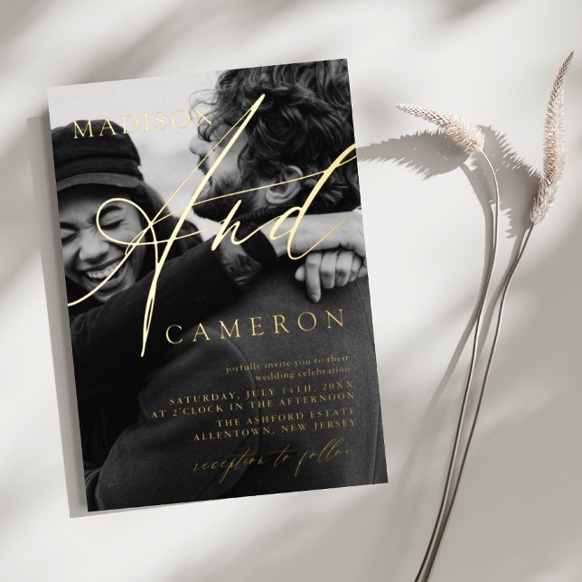Invitation En Aluminium Élégant script de calligraphie Photo Mariage Gold (Créateur téléchargé)