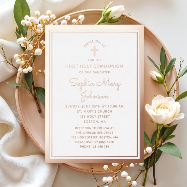 Invitation En Aluminium Élégant Script First Communion Rose Gold (Elegant Script First Communion Rose Gold Foil Invitation)