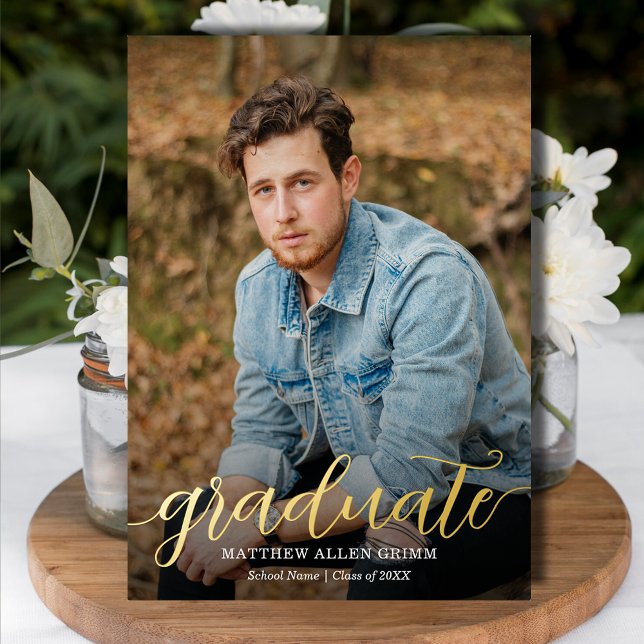 Invitation En Aluminium Élégant Script Gold Foil Photo Graduation (Elegant script REAL gold foil graduation announcements with your details on the back)