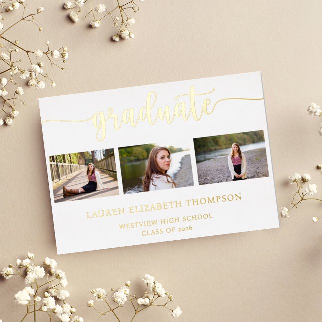 Invitation En Aluminium Élégant Script Graduation 3 Photo Gold (Créateur téléchargé)