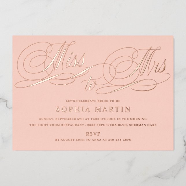 Invitation En Aluminium Élégant Script Miss à Mme Blush Fête des mariées (Recto)