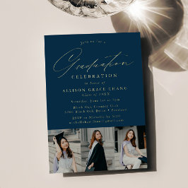 Invitation En Aluminium Élégant Script Navy 3 Photo Graduation Party