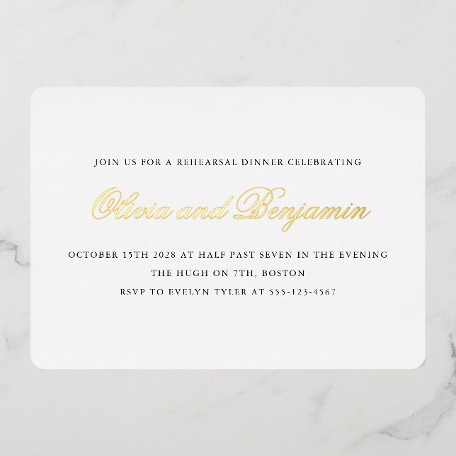 Invitation En Aluminium Élégant Script Noir Formel de Répétition Dîner Or (Recto)