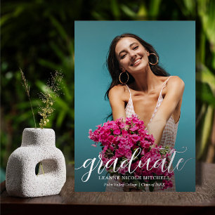 Invitation En Aluminium Élégant Script Photo Graduation Argent