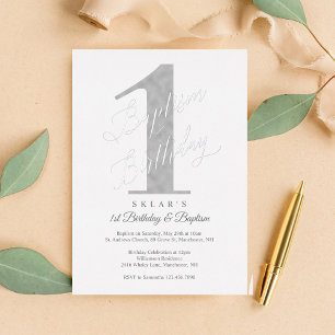 Invitation En Aluminium Élégant Script Silver Baby 1er Anniversaire & Bapt
