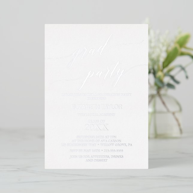 Invitation En Aluminium Élégant Silver Foil Calligraphy Party (Debout devant)