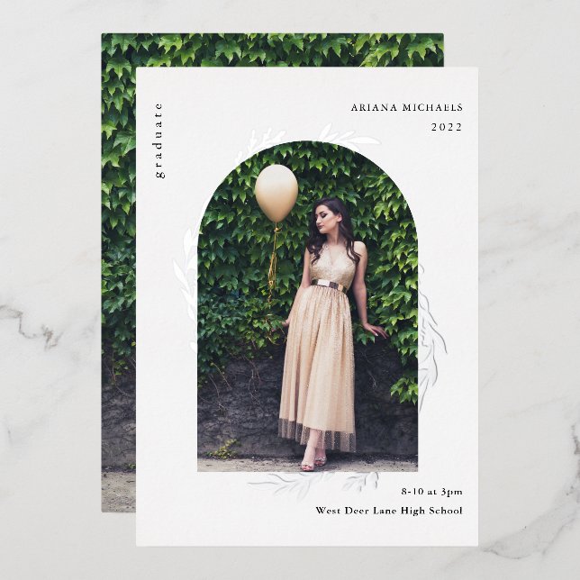 Invitation En Aluminium Élégant Silver Photo Graduation (Recto/Verso)