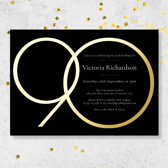 Invitation En Aluminium Elégant Simple moderne Black Gold 90e anniversaire (Mockup View)
