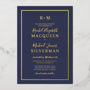 Invitation En Aluminium Elégant Simple Véritable Bordure d'or Mariage bleu